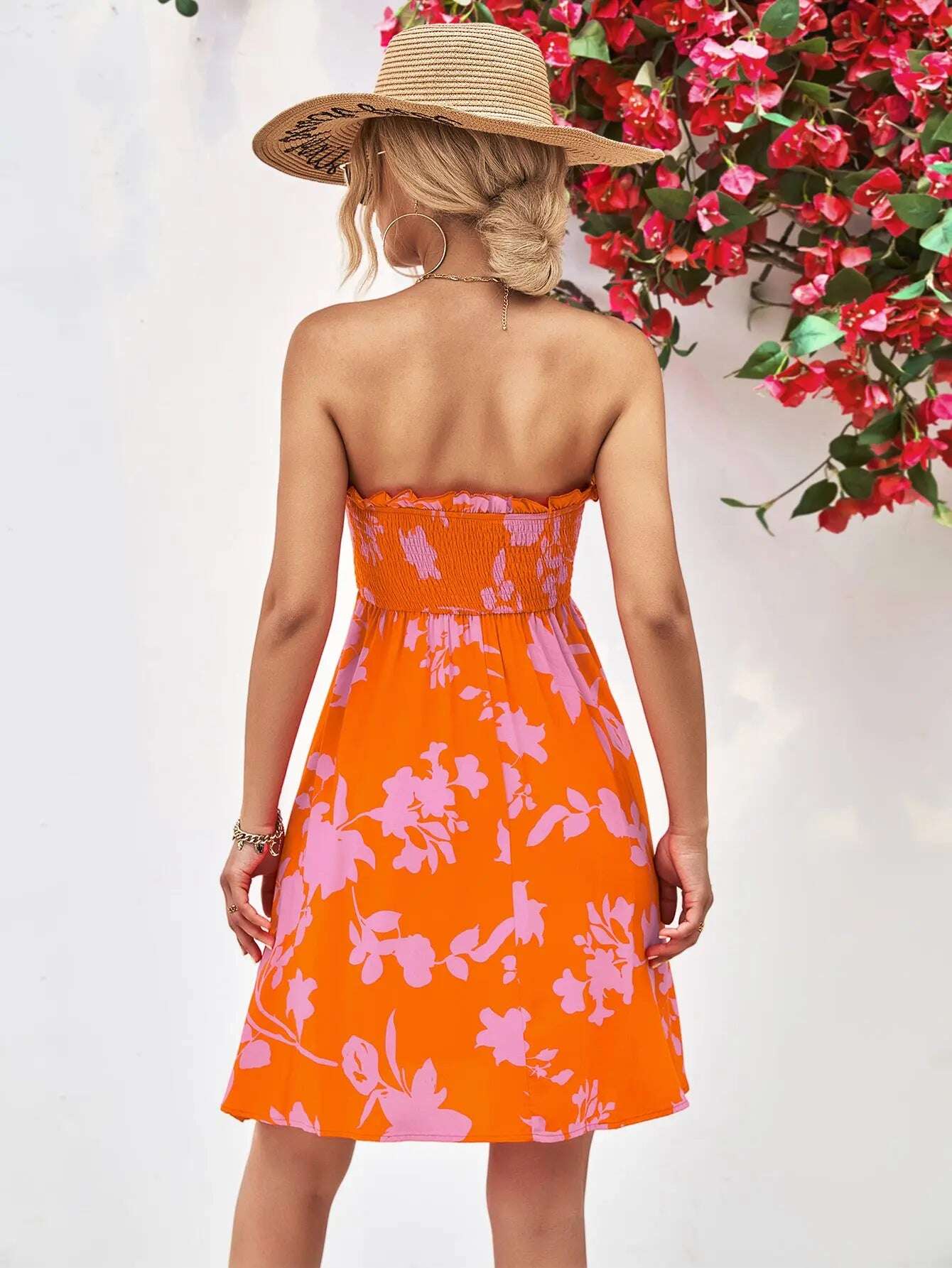 Women Dress Floral Frill Trim Strapless Smocked Dress - MaribelaShop2