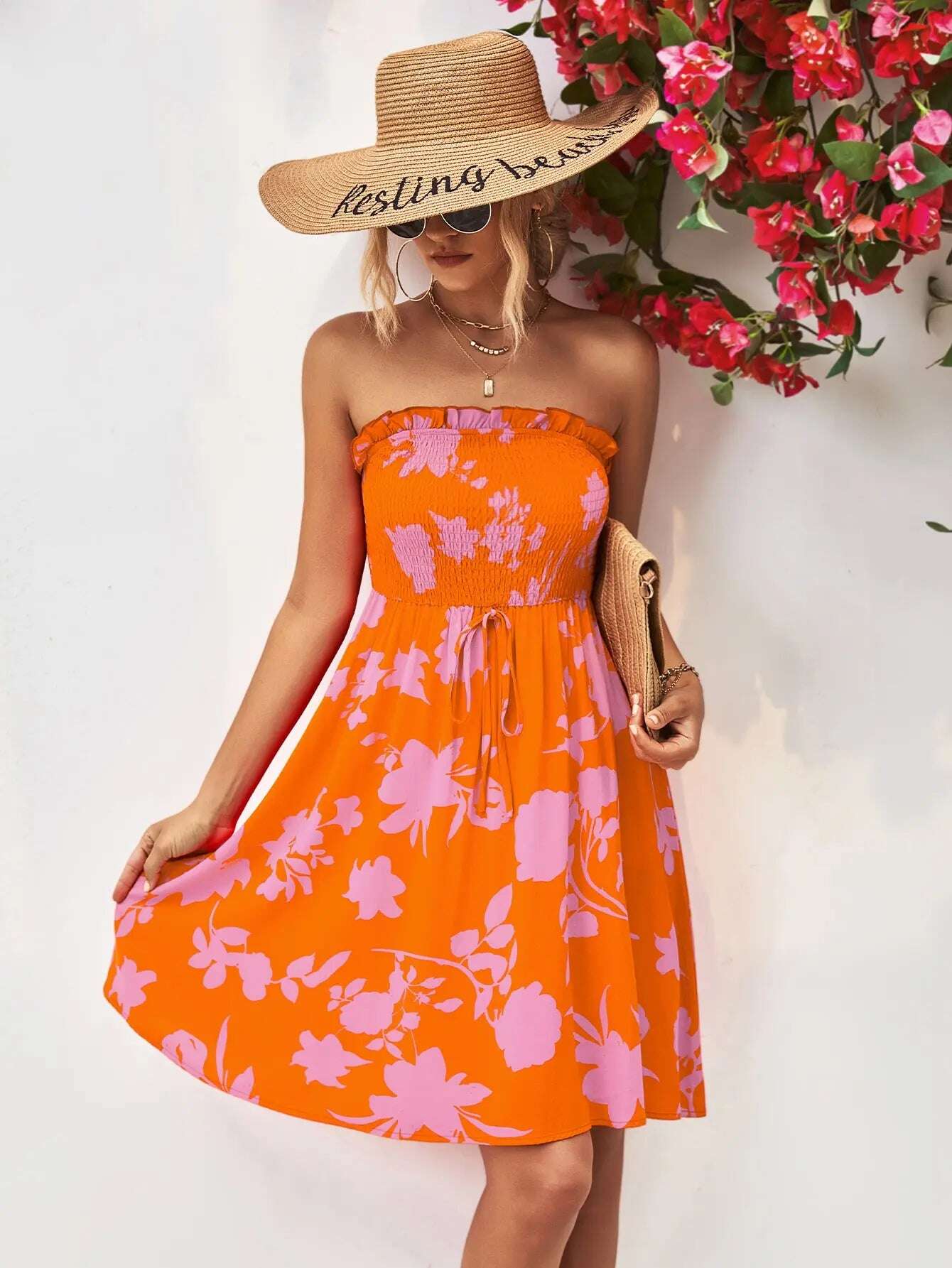 Women Dress Floral Frill Trim Strapless Smocked Dress - MaribelaShop2