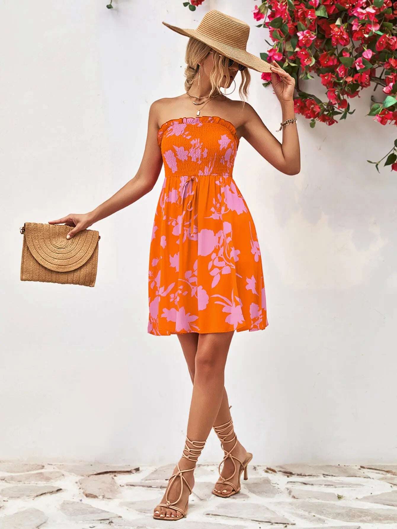 Women Dress Floral Frill Trim Strapless Smocked Dress - MaribelaShop2