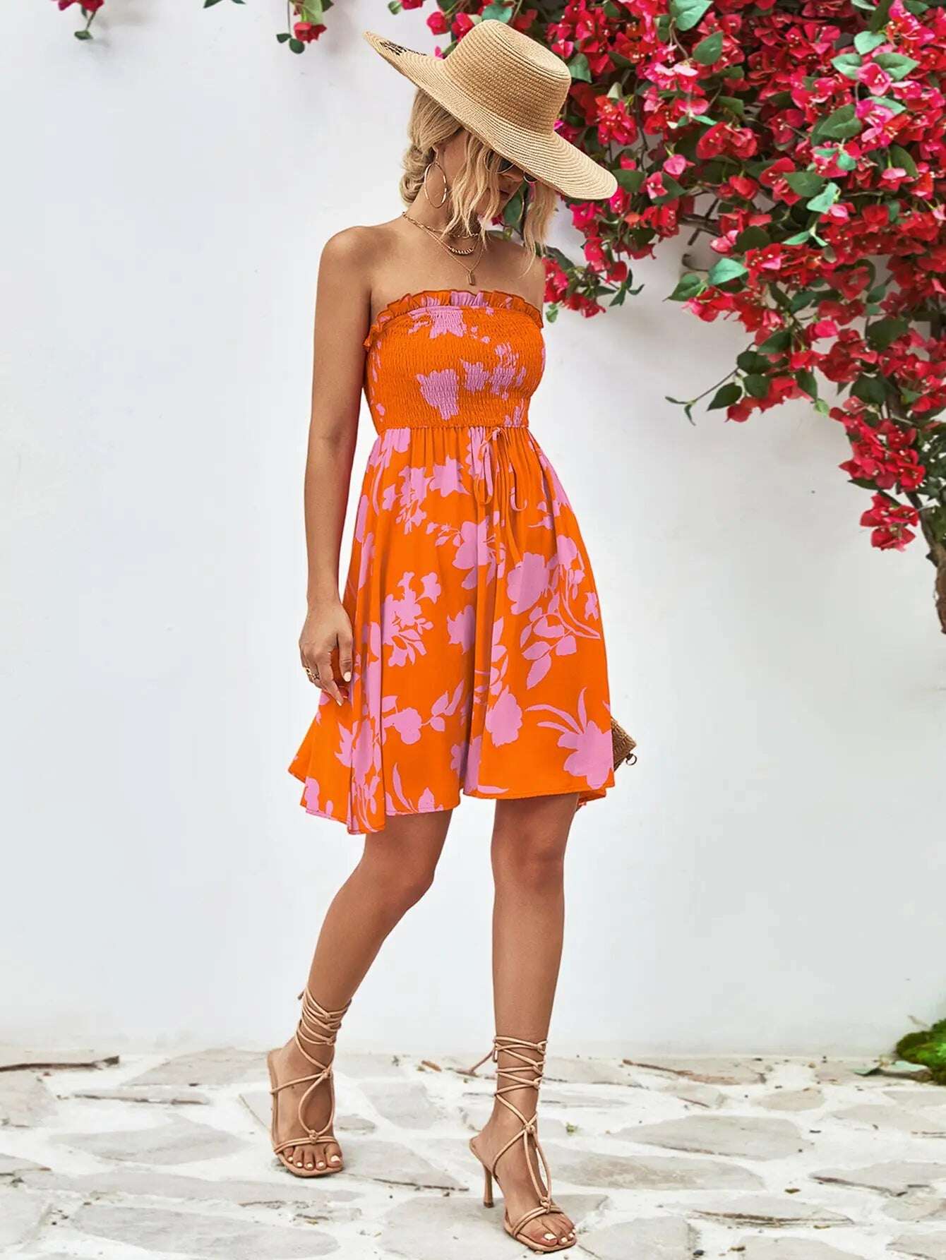 Women Dress Floral Frill Trim Strapless Smocked Dress - MaribelaShop2