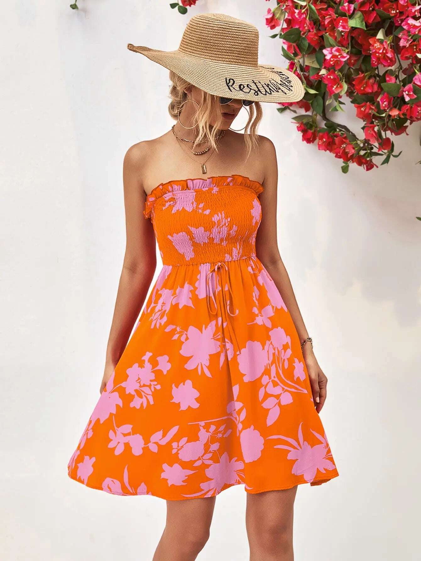 Women Dress Floral Frill Trim Strapless Smocked Dress - MaribelaShop2