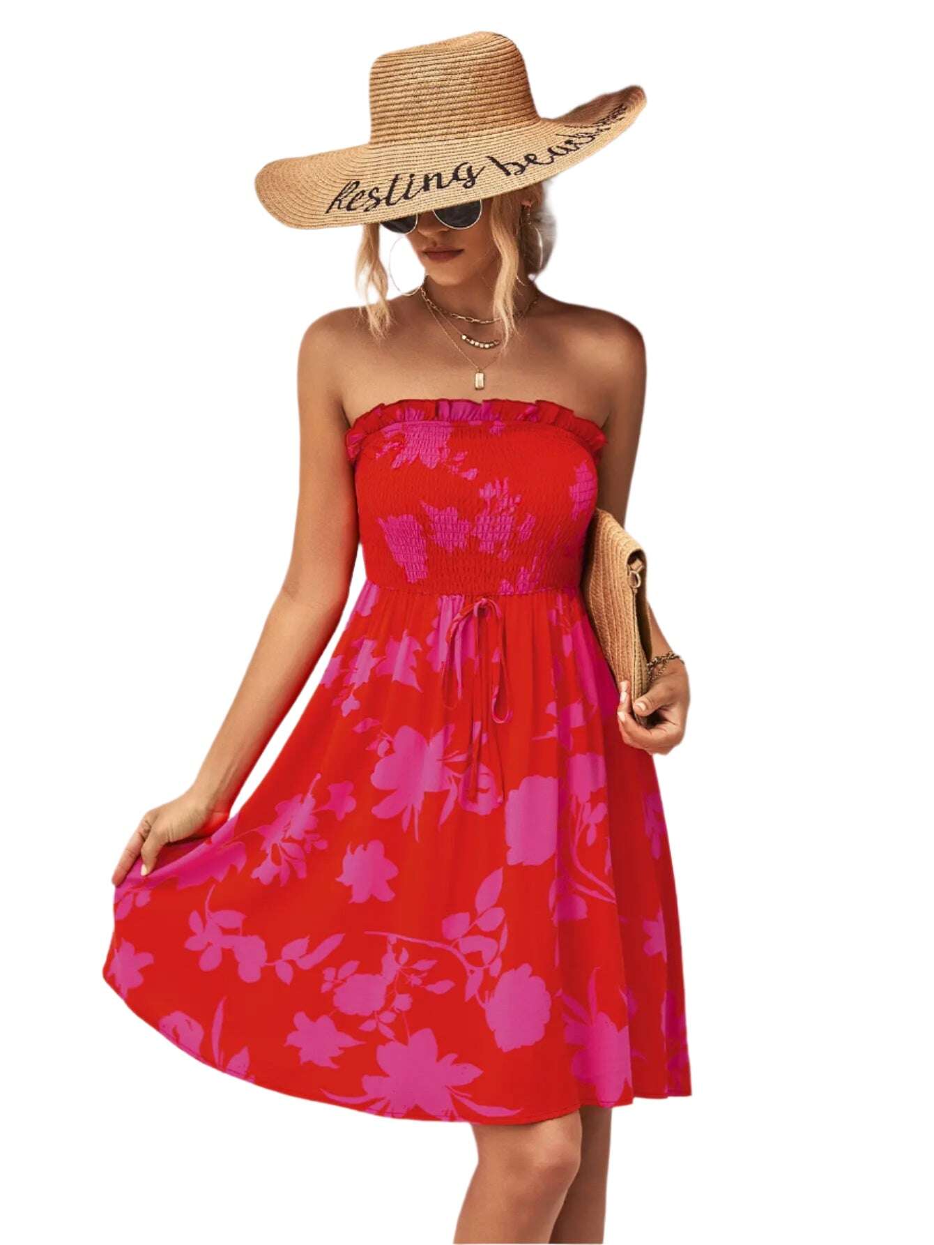 Women Dress Floral Frill Trim Strapless Smocked Dress - MaribelaShop2