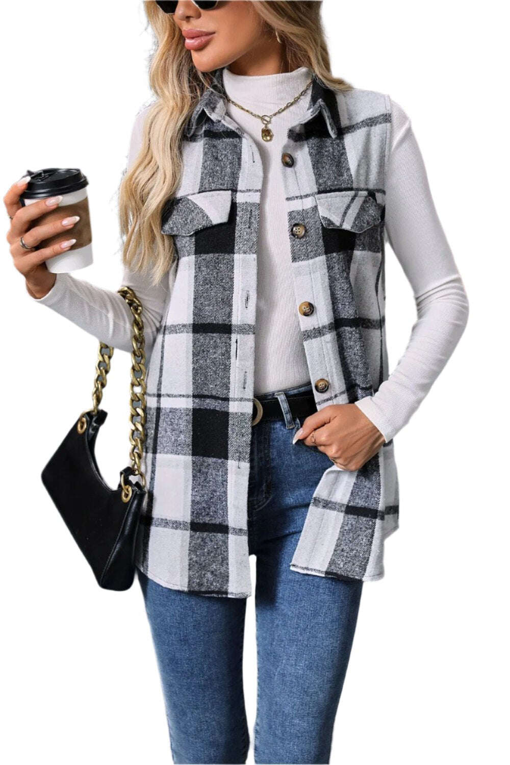 Women Plaid Button Up Vest Coat,Long Cardigan,Warm Vest - MaribelaShop2