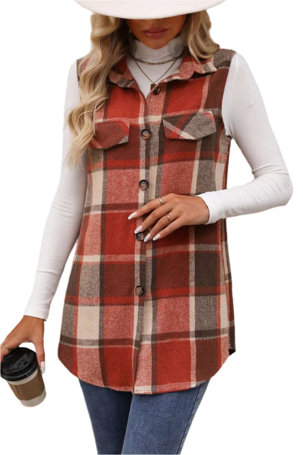 Women Plaid Button Up Vest Coat,Long Cardigan,Warm Vest - MaribelaShop2