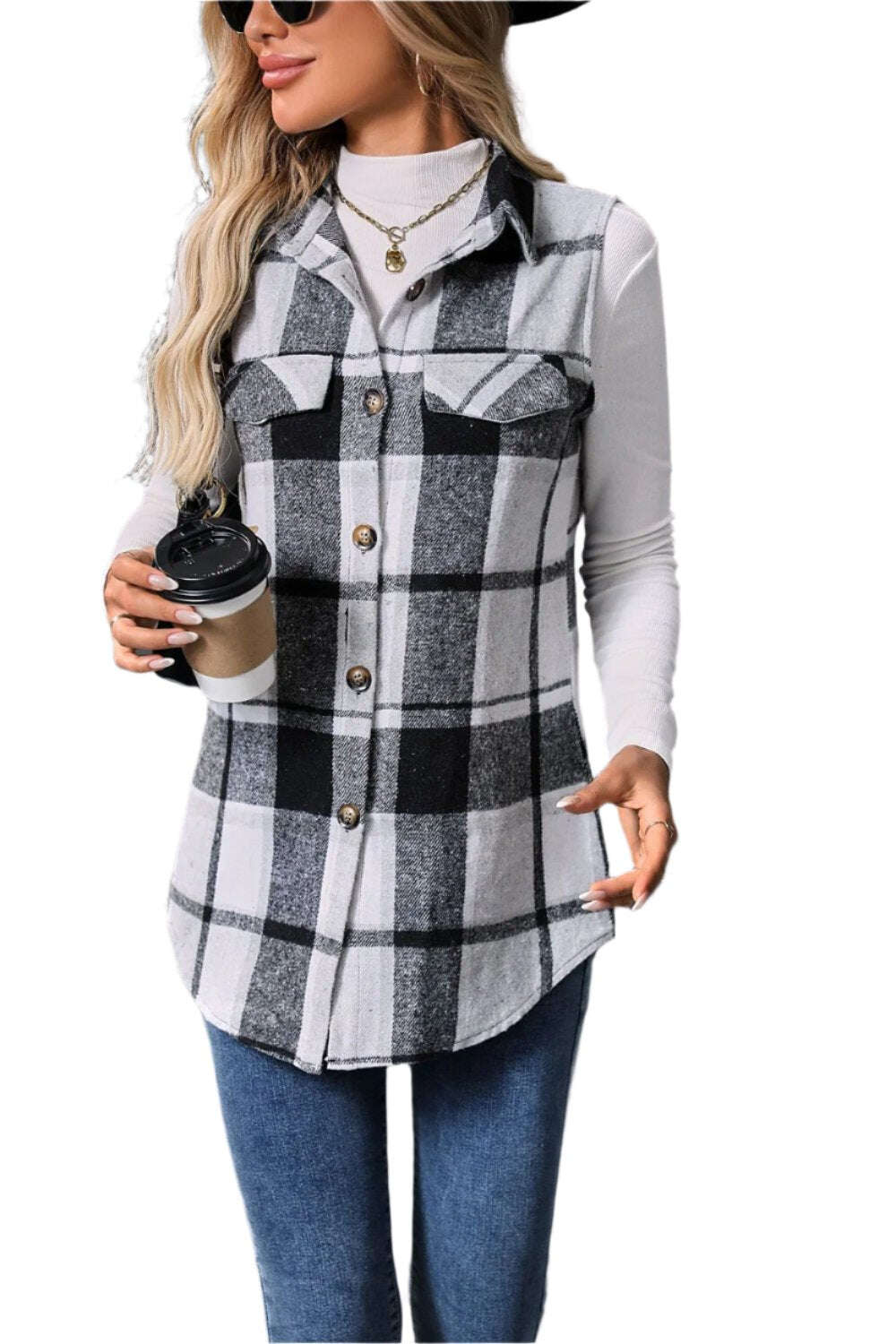 Women Plaid Button Up Vest Coat,Long Cardigan,Warm Vest - MaribelaShop2