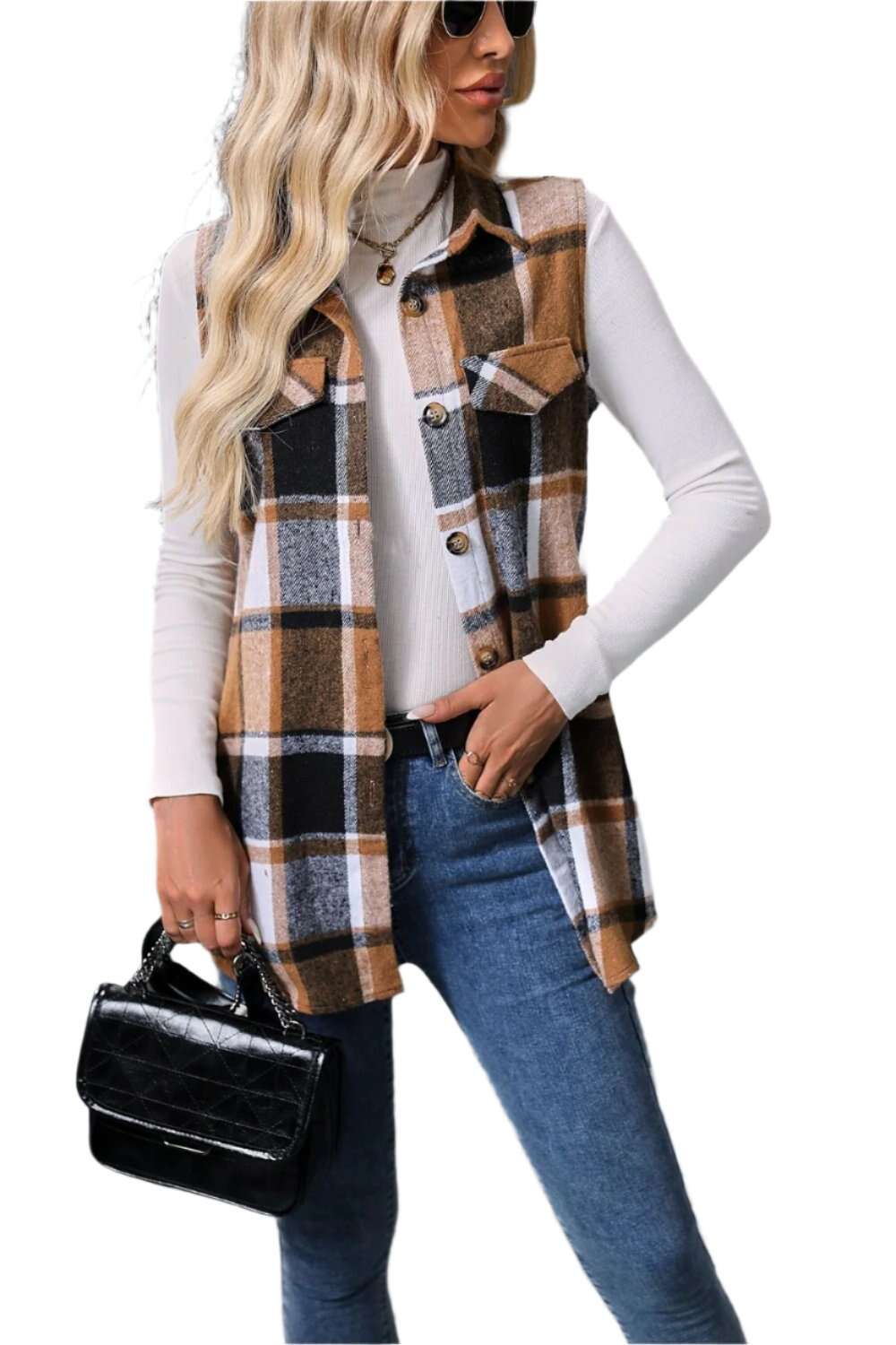 Women Plaid Button Up Vest Coat,Long Cardigan,Warm Vest - MaribelaShop2