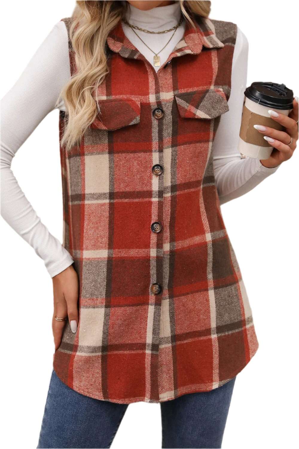 Women Plaid Button Up Vest Coat,Long Cardigan,Warm Vest - MaribelaShop2