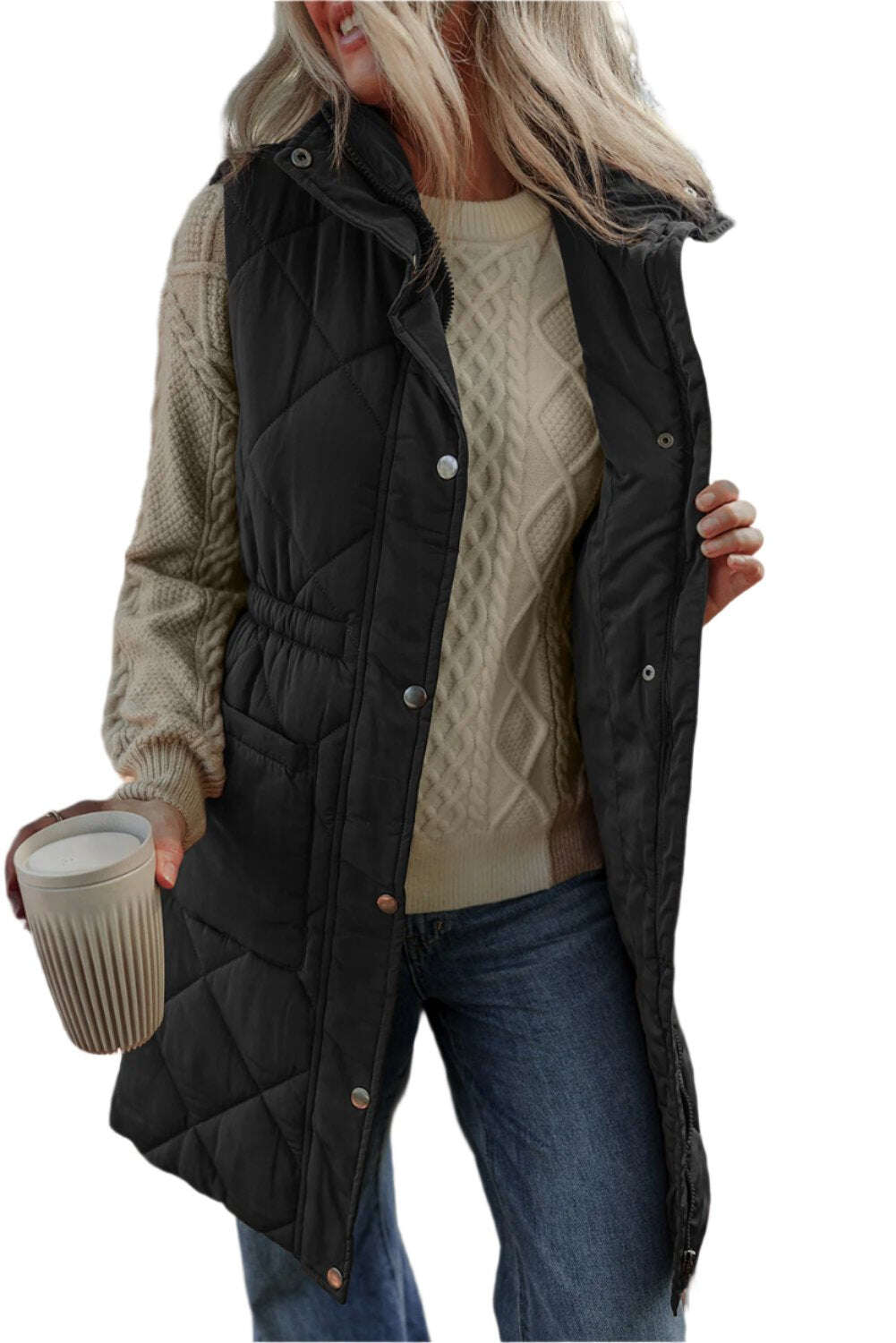 Women Pocketed Zipper and Button Vest Coat - MaribelaShop2