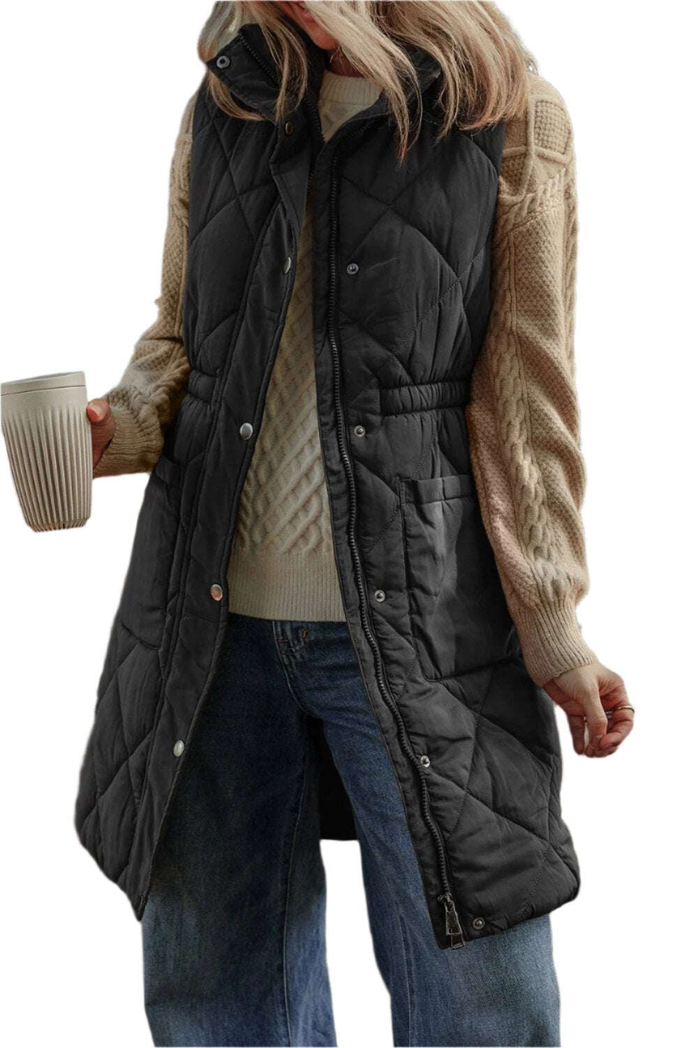 Women Pocketed Zipper and Button Vest Coat - MaribelaShop2