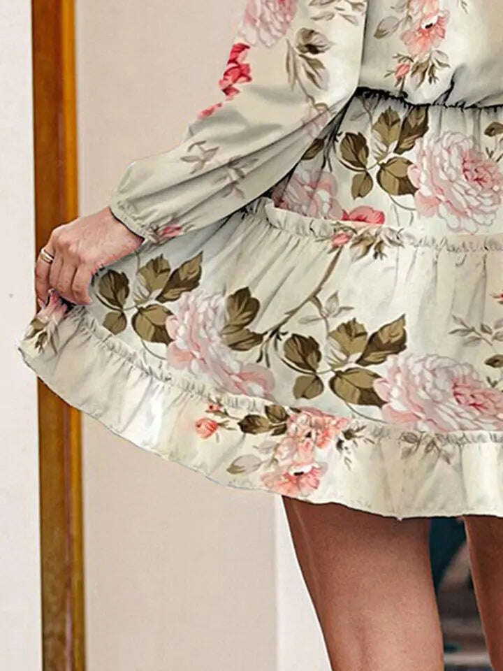 Women Printed Tie Neck Long Sleeve Dress Floral - MaribelaShop2