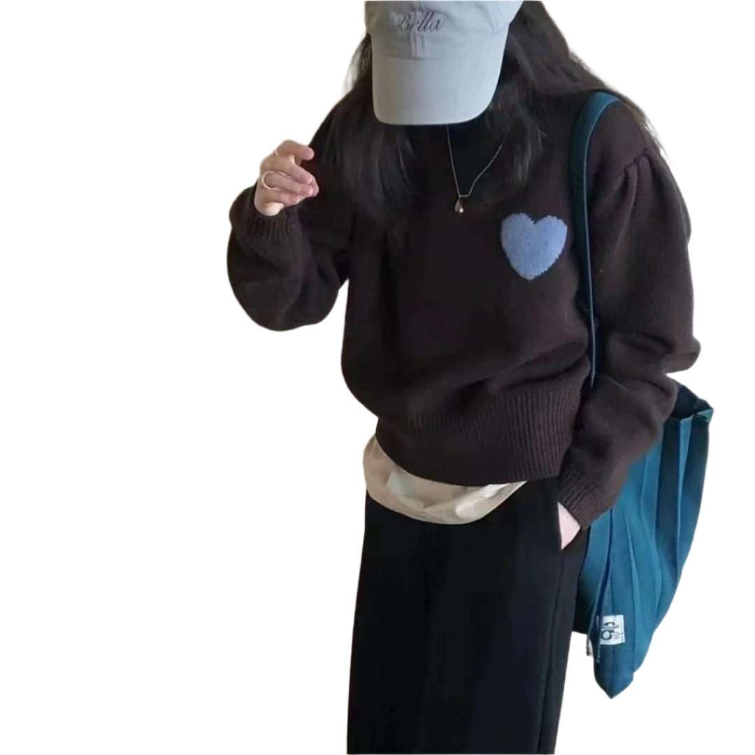 Women Sweater,Korean Style Heart Embroidered Round Neck Sweater - MaribelaShop2