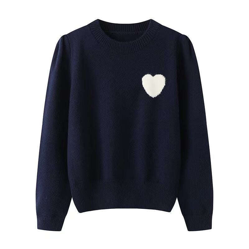 Women Sweater,Korean Style Heart Embroidered Round Neck Sweater - MaribelaShop2