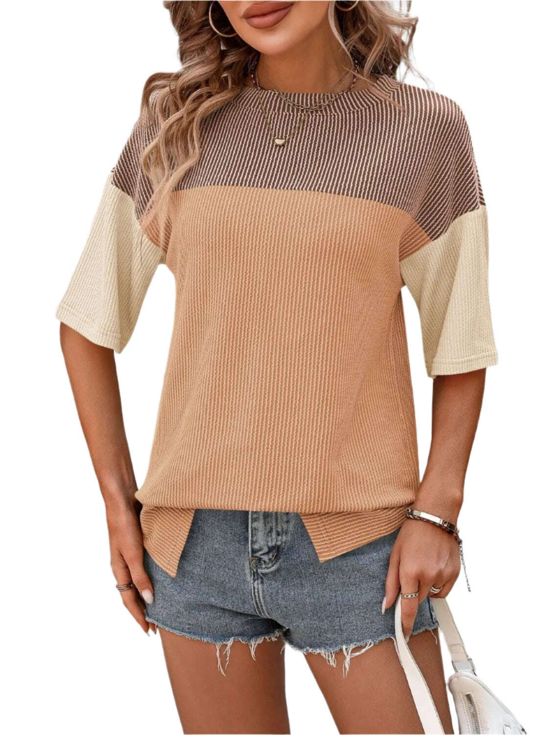 Women Top Color Block Round Neck Half Sleeve T-Shirt - MaribelaShop2