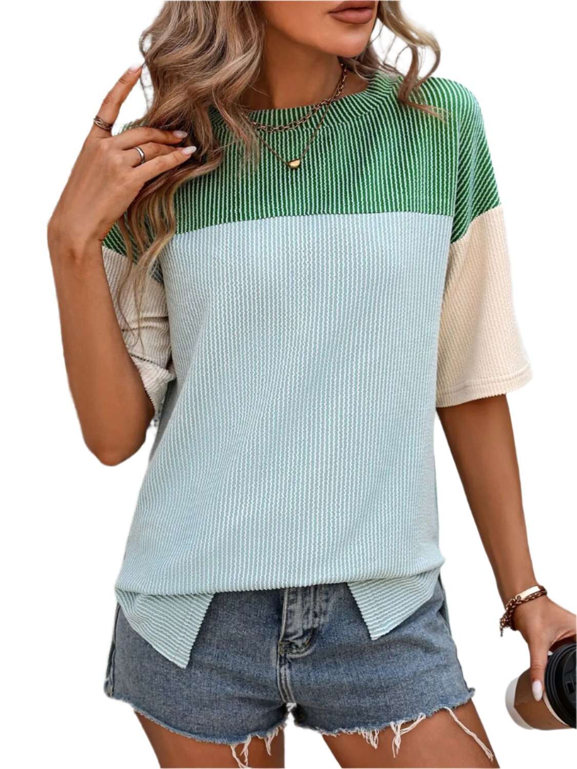 Women Top Color Block Round Neck Half Sleeve T-Shirt - MaribelaShop2
