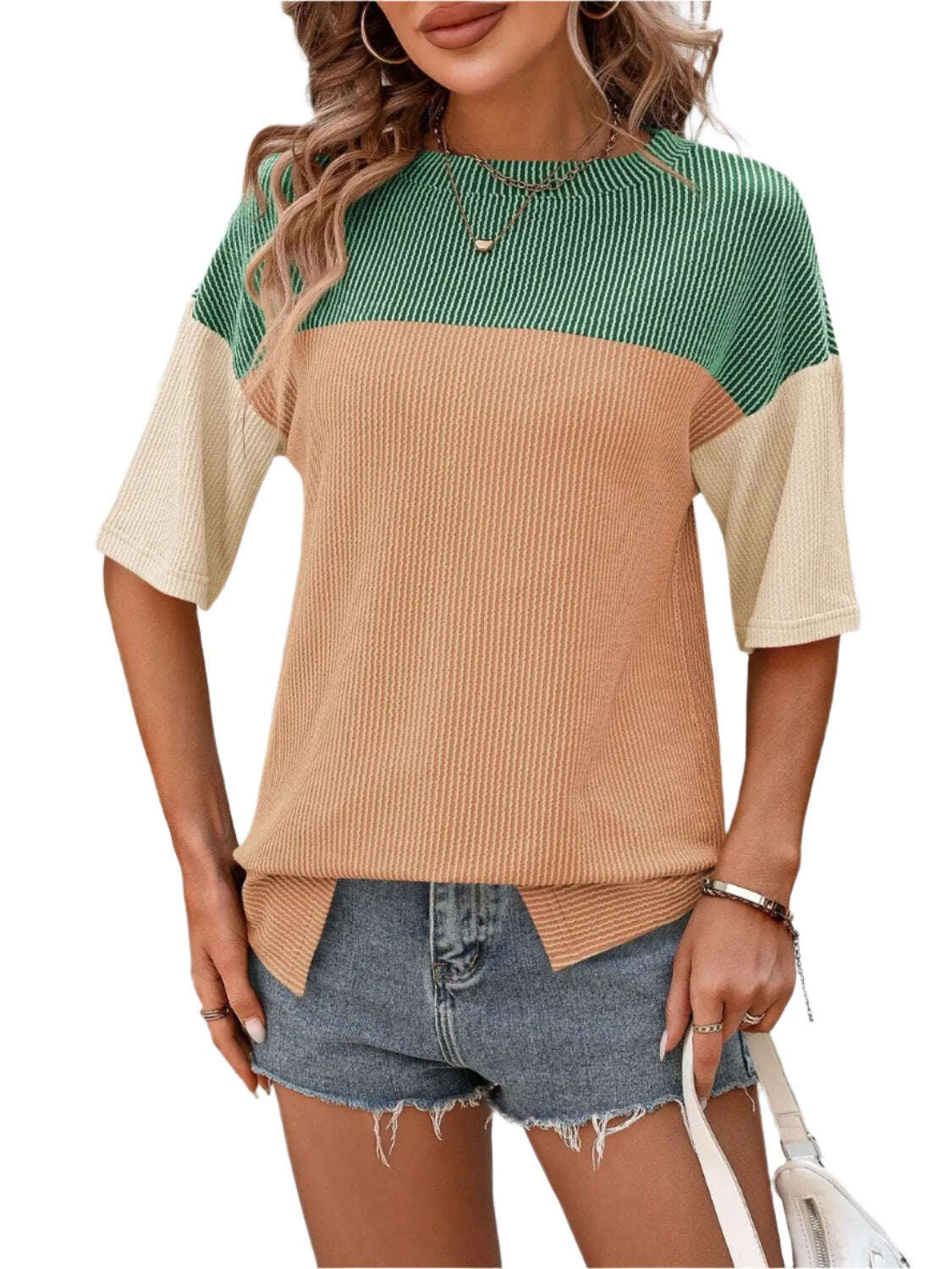 Women Top Color Block Round Neck Half Sleeve T-Shirt - MaribelaShop2