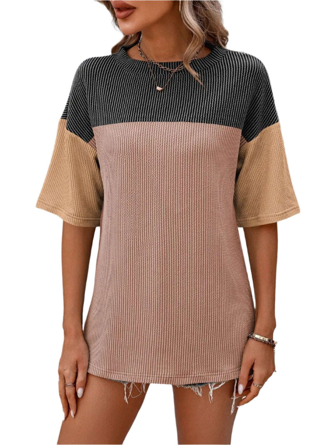 Women Top Color Block Round Neck Half Sleeve T-Shirt - MaribelaShop2