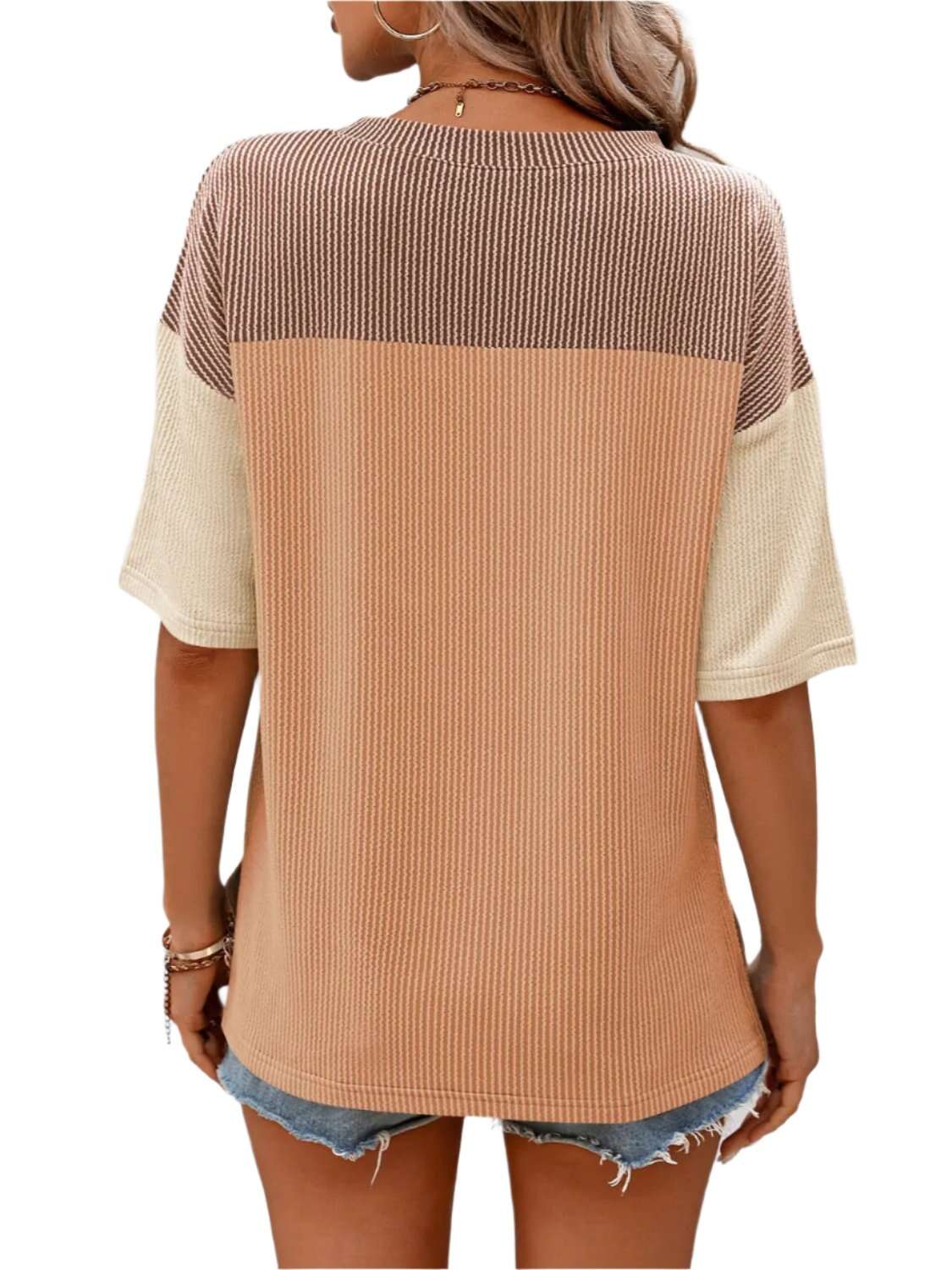 Women Top Color Block Round Neck Half Sleeve T-Shirt - MaribelaShop2