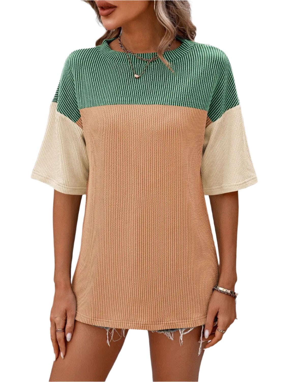 Women Top Color Block Round Neck Half Sleeve T-Shirt - MaribelaShop2