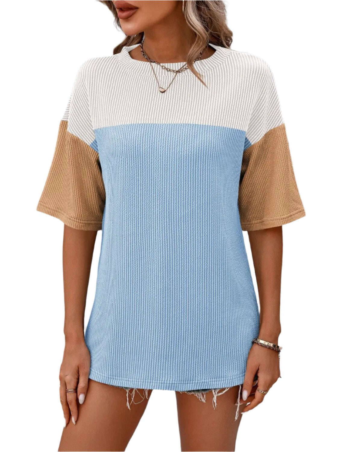 Women Top Color Block Round Neck Half Sleeve T-Shirt - MaribelaShop2