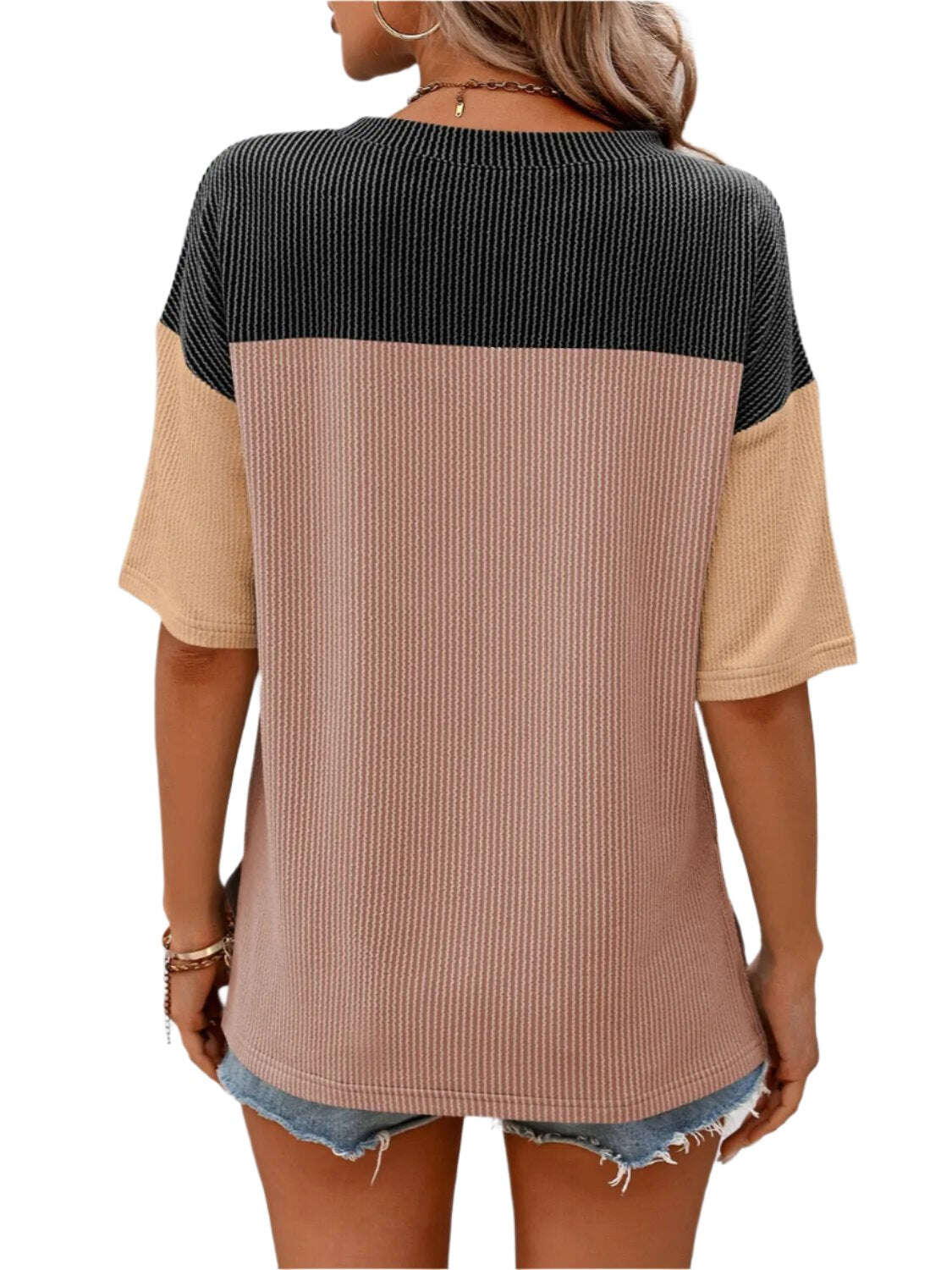 Women Top Color Block Round Neck Half Sleeve T-Shirt - MaribelaShop2