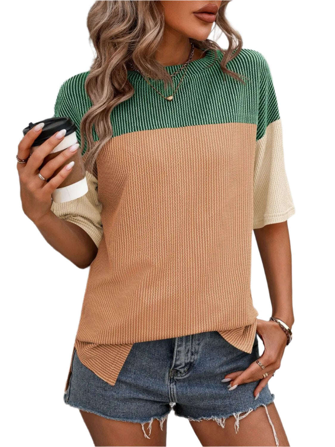 Women Top Color Block Round Neck Half Sleeve T-Shirt - MaribelaShop2