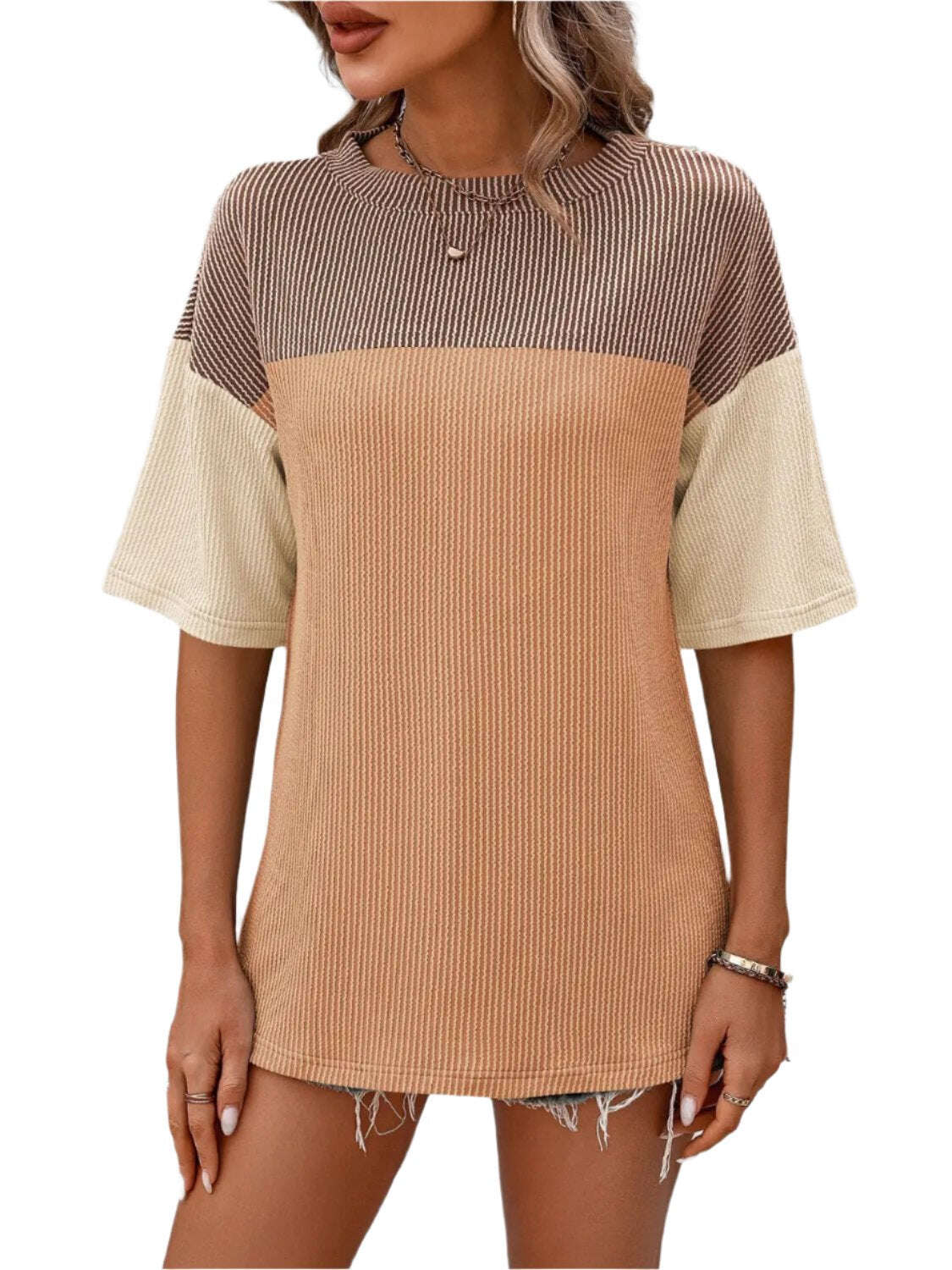 Women Top Color Block Round Neck Half Sleeve T-Shirt - MaribelaShop2