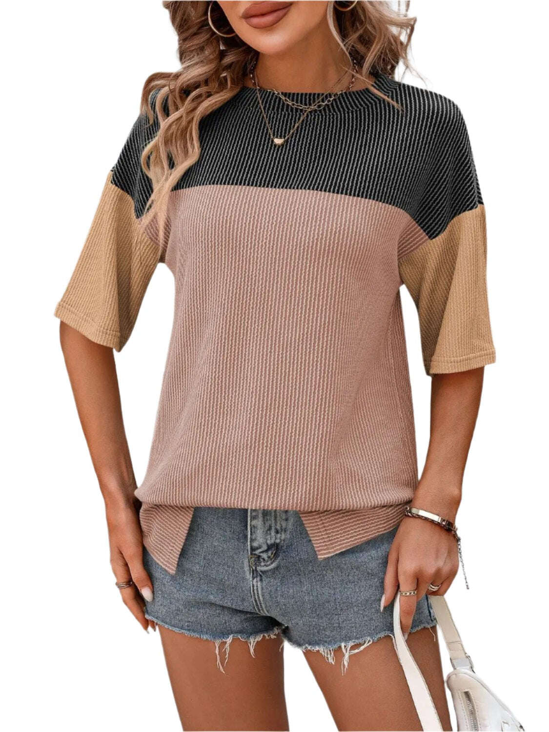 Women Top Color Block Round Neck Half Sleeve T-Shirt - MaribelaShop2