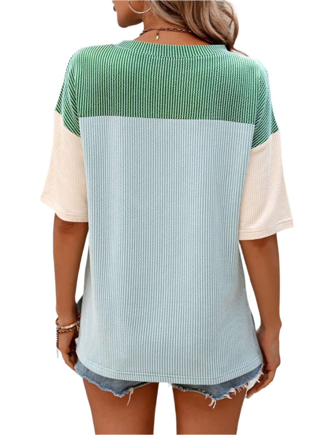 Women Top Color Block Round Neck Half Sleeve T-Shirt - MaribelaShop2