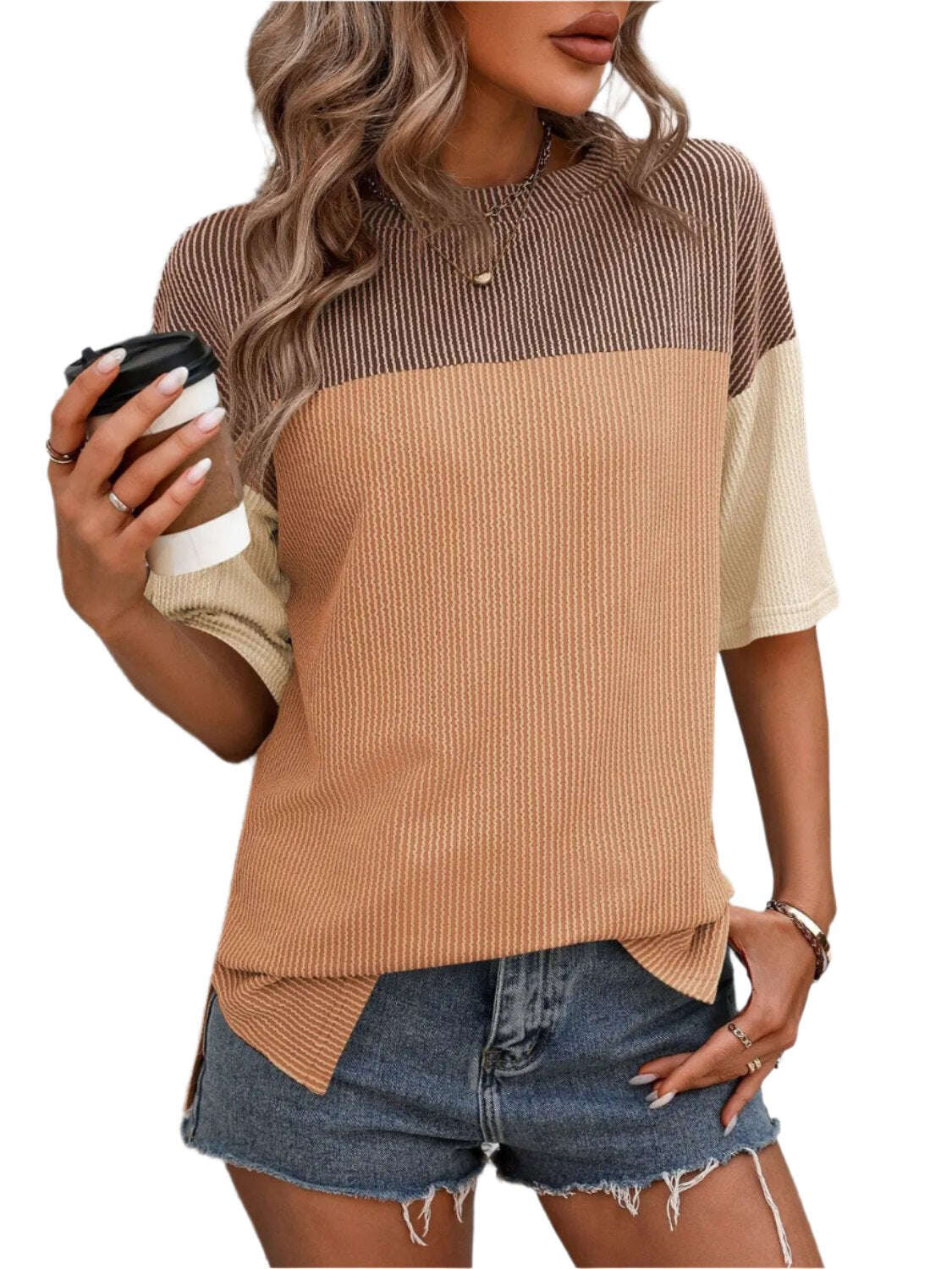Women Top Color Block Round Neck Half Sleeve T-Shirt - MaribelaShop2