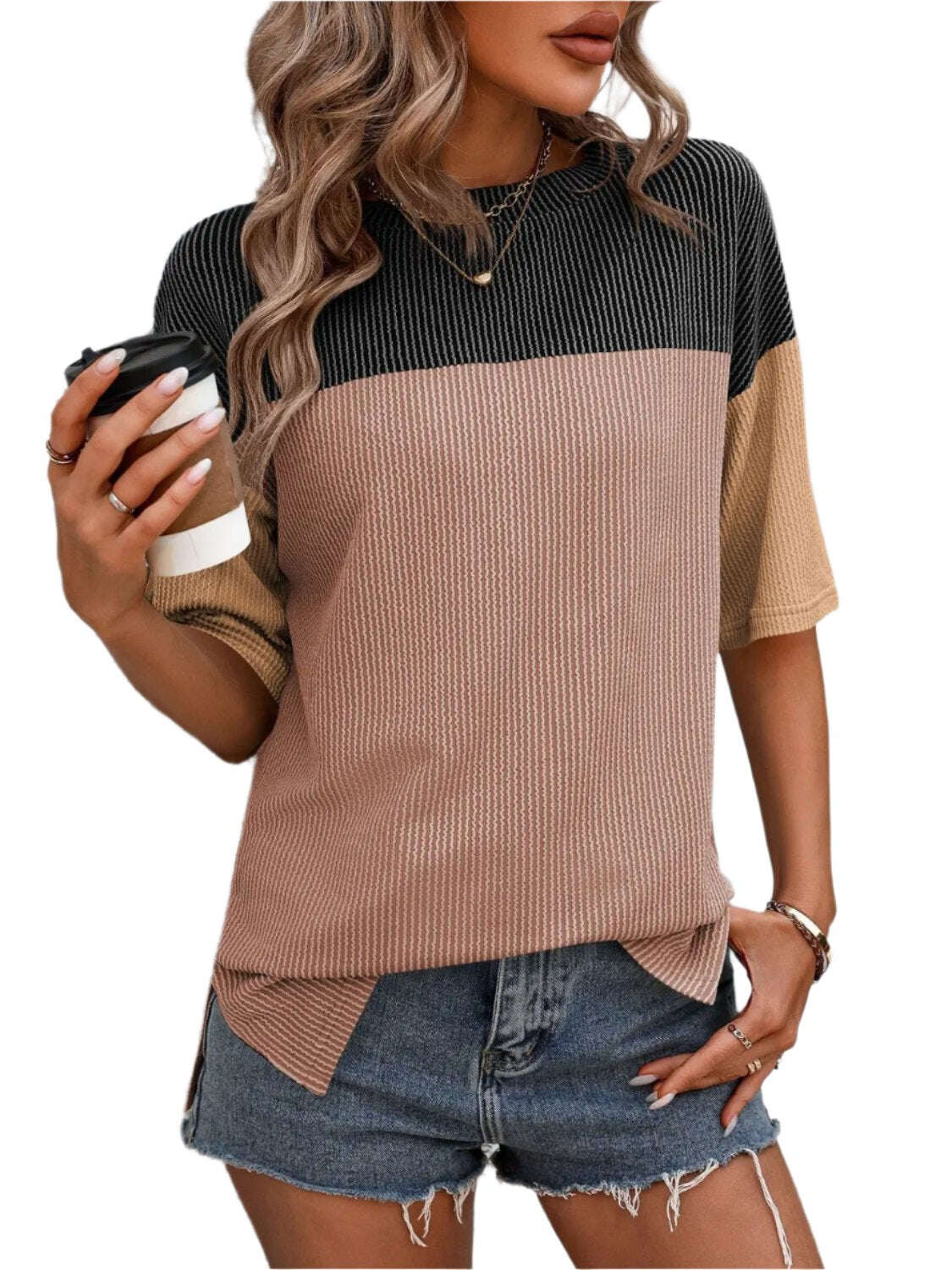 Women Top Color Block Round Neck Half Sleeve T-Shirt - MaribelaShop2