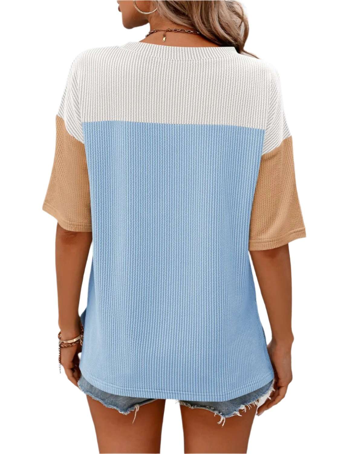 Women Top Color Block Round Neck Half Sleeve T-Shirt - MaribelaShop2