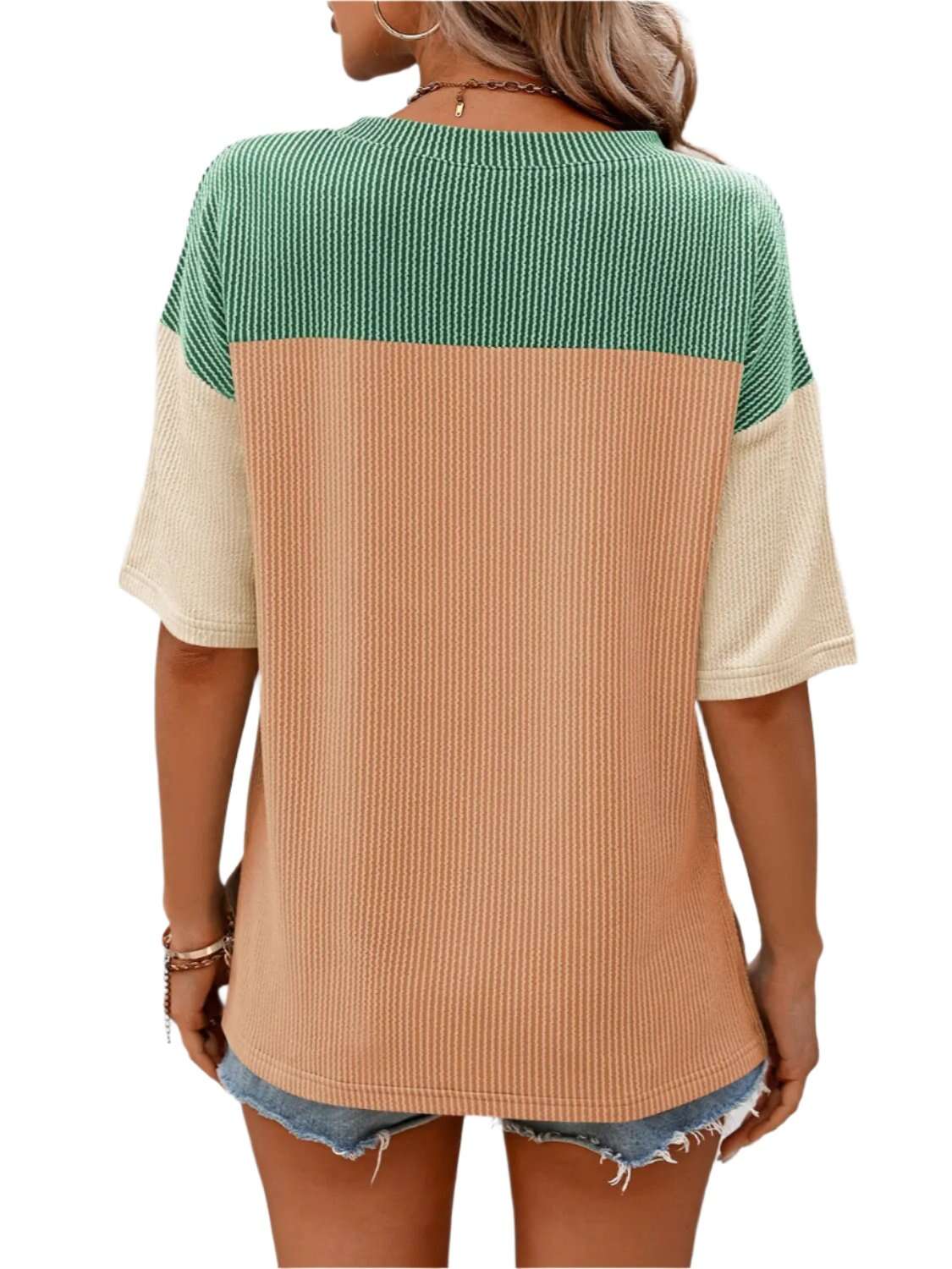 Women Top Color Block Round Neck Half Sleeve T-Shirt - MaribelaShop2