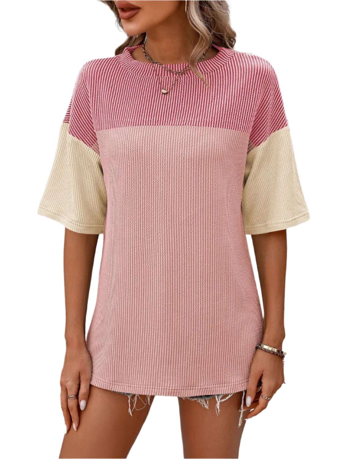 Women Top Color Block Round Neck Half Sleeve T-Shirt - MaribelaShop2