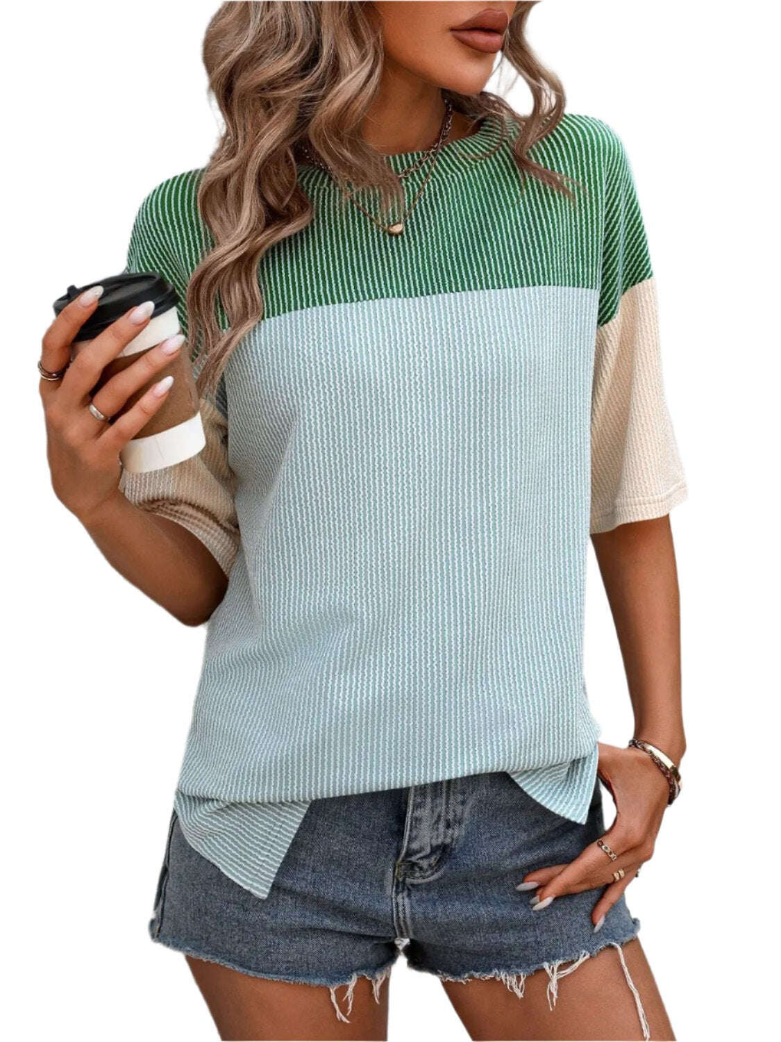 Women Top Color Block Round Neck Half Sleeve T-Shirt - MaribelaShop2