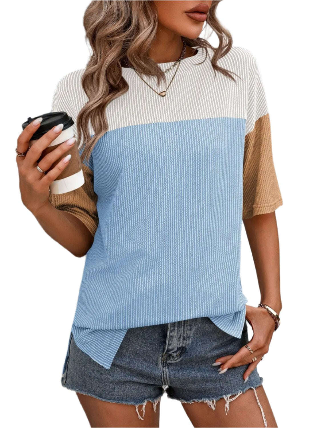 Women Top Color Block Round Neck Half Sleeve T-Shirt - MaribelaShop2