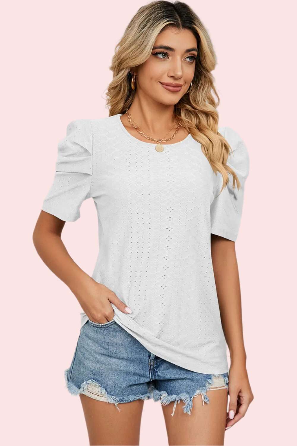 Women Top, Eyelet Round Neck Puff Sleeve T-Shirt, women tops sewing patterns, Gift for her - MaribelaShop2