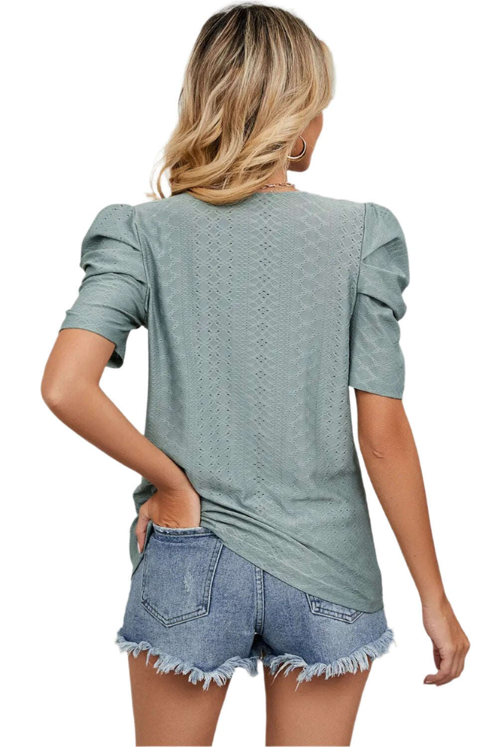 Women Top, Eyelet Round Neck Puff Sleeve T-Shirt, women tops sewing patterns, Gift for her - MaribelaShop2