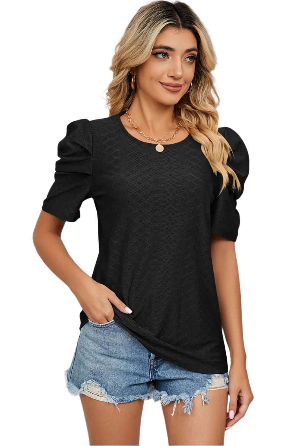 Women Top, Eyelet Round Neck Puff Sleeve T-Shirt, women tops sewing patterns, Gift for her - MaribelaShop2