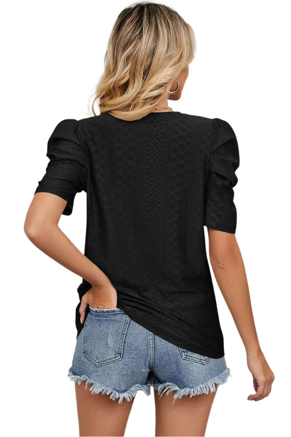 Women Top, Eyelet Round Neck Puff Sleeve T-Shirt, women tops sewing patterns, Gift for her - MaribelaShop2