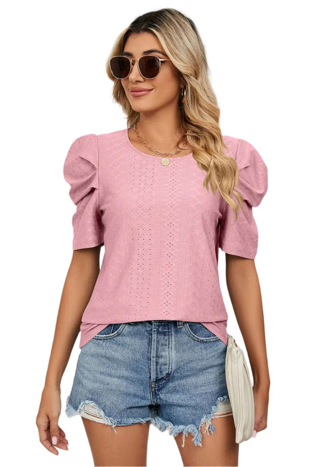Women Top, Eyelet Round Neck Puff Sleeve T-Shirt, women tops sewing patterns, Gift for her - MaribelaShop2