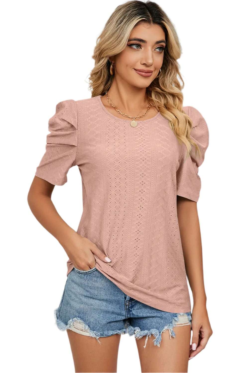 Women Top, Eyelet Round Neck Puff Sleeve T-Shirt, women tops sewing patterns, Gift for her - MaribelaShop2