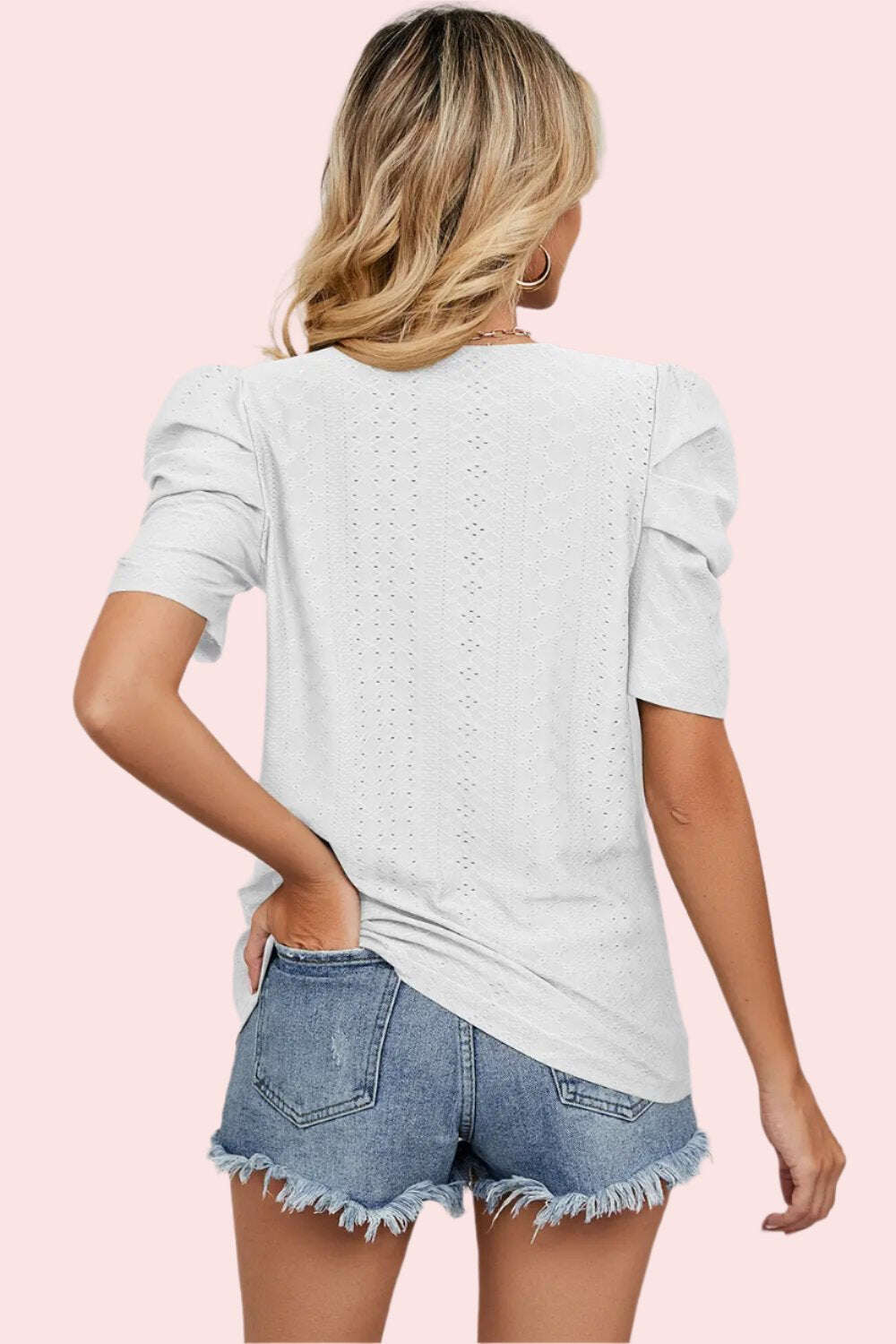 Women Top, Eyelet Round Neck Puff Sleeve T-Shirt, women tops sewing patterns, Gift for her - MaribelaShop2