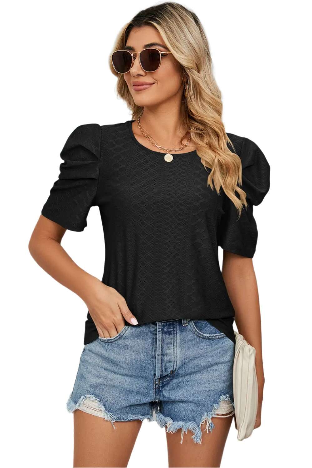 Women Top, Eyelet Round Neck Puff Sleeve T-Shirt, women tops sewing patterns, Gift for her - MaribelaShop2