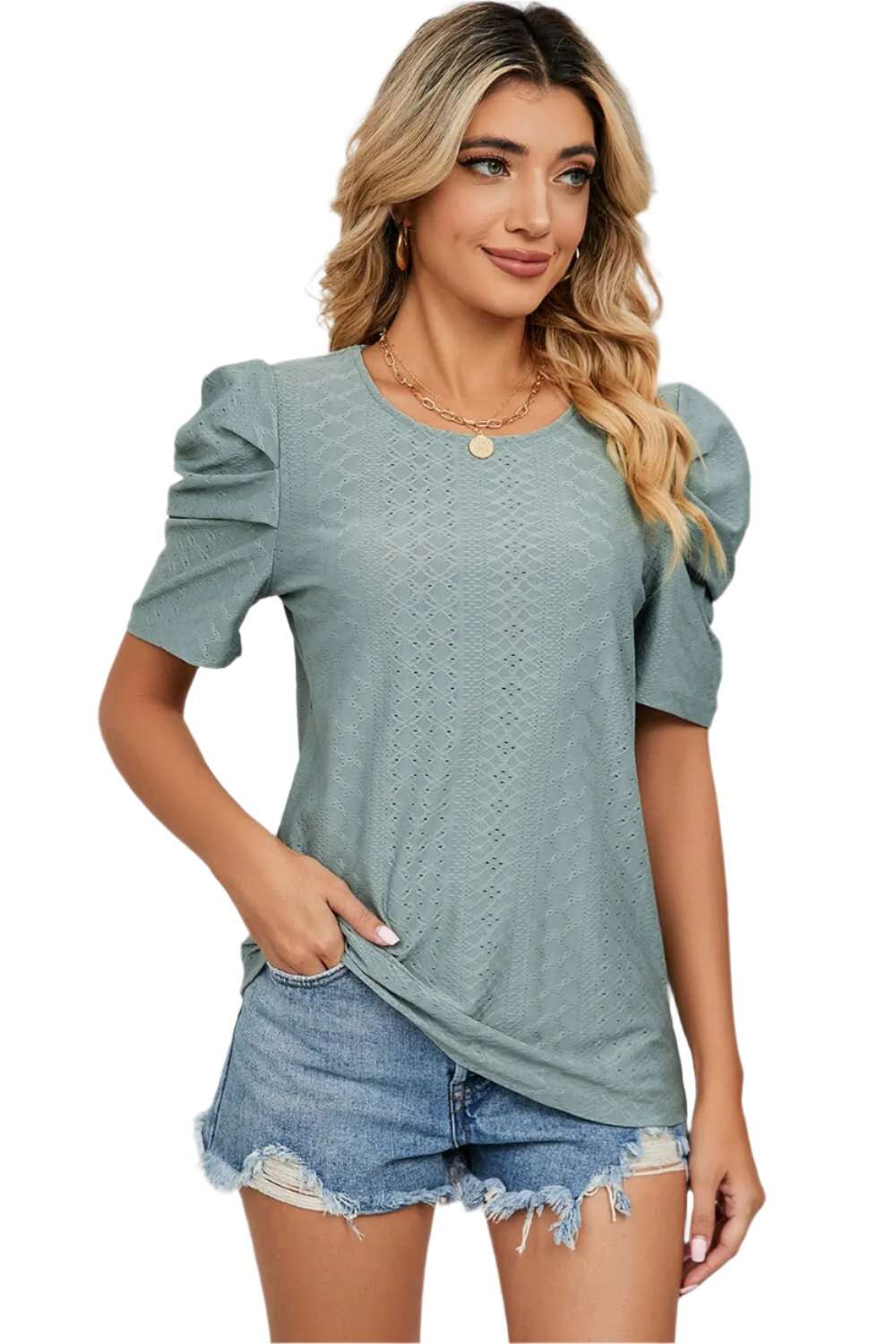 Women Top, Eyelet Round Neck Puff Sleeve T-Shirt, women tops sewing patterns, Gift for her - MaribelaShop2