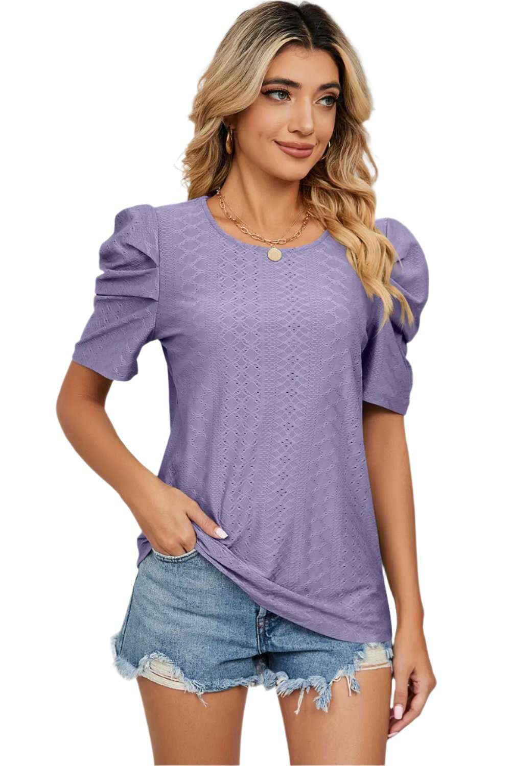 Women Top, Eyelet Round Neck Puff Sleeve T-Shirt, women tops sewing patterns, Gift for her - MaribelaShop2