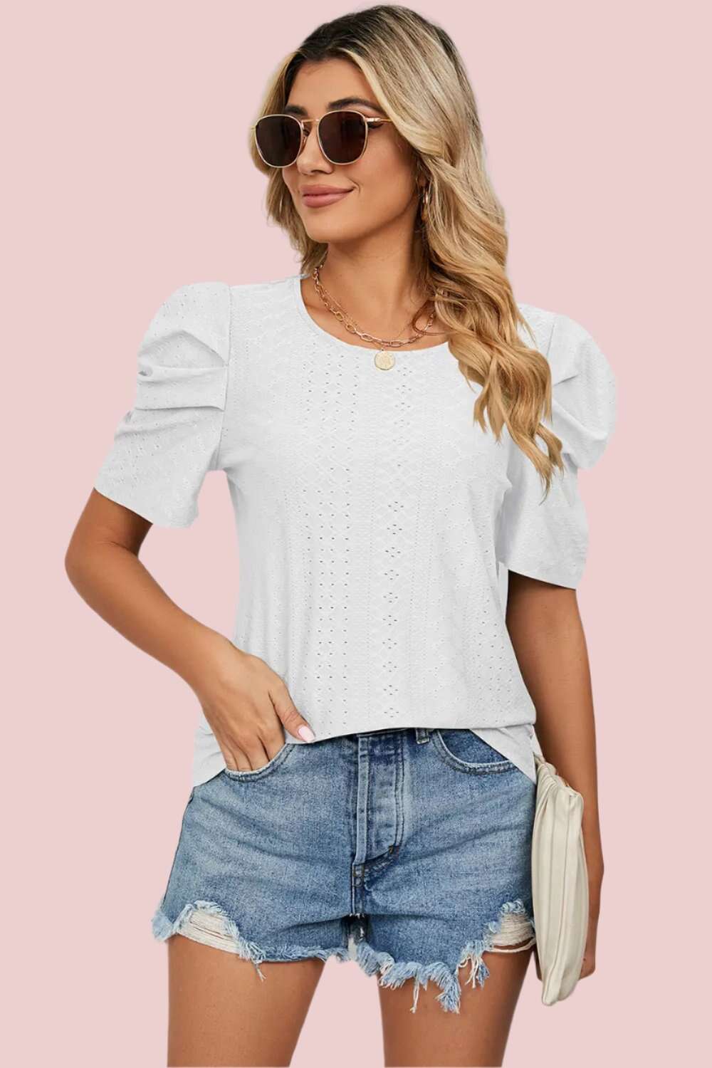 Women Top, Eyelet Round Neck Puff Sleeve T-Shirt, women tops sewing patterns, Gift for her - MaribelaShop2