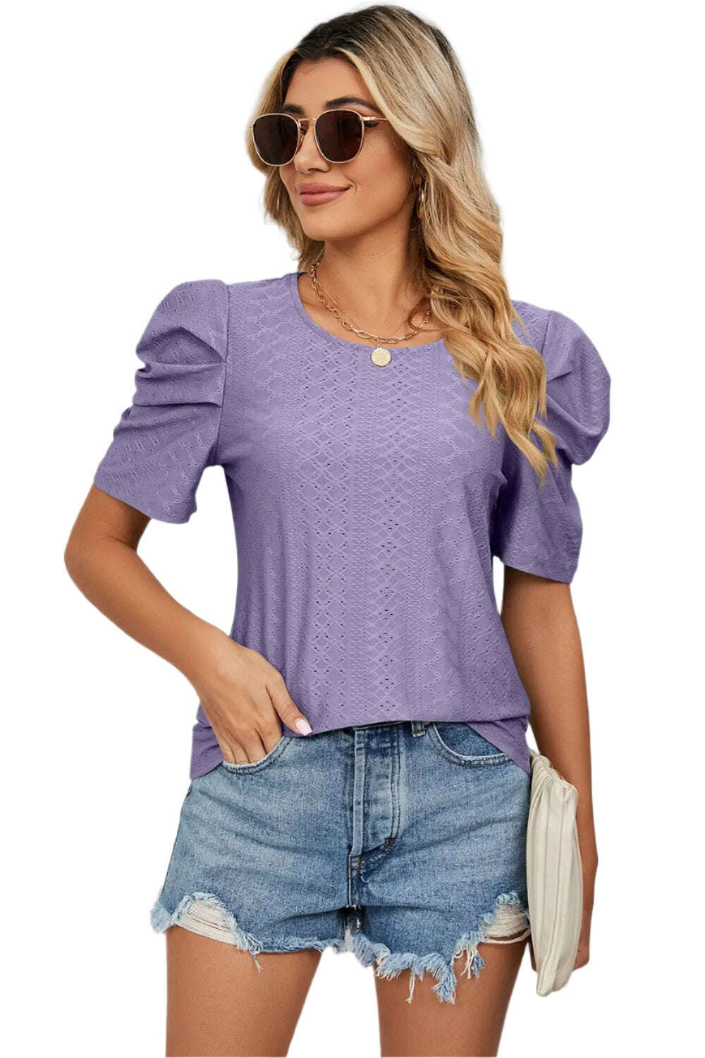 Women Top, Eyelet Round Neck Puff Sleeve T-Shirt, women tops sewing patterns, Gift for her - MaribelaShop2