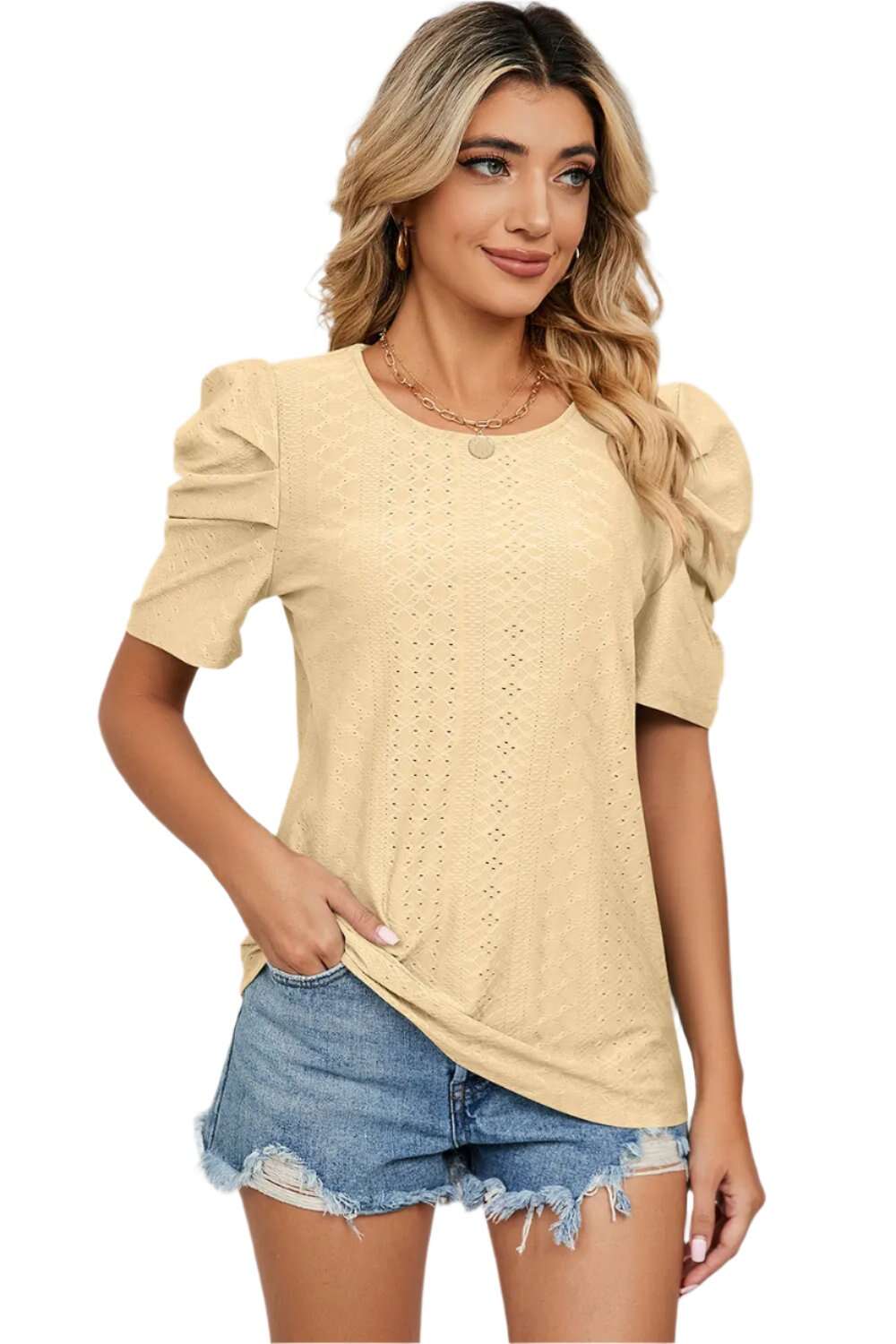 Women Top, Eyelet Round Neck Puff Sleeve T-Shirt, women tops sewing patterns, Gift for her - MaribelaShop2
