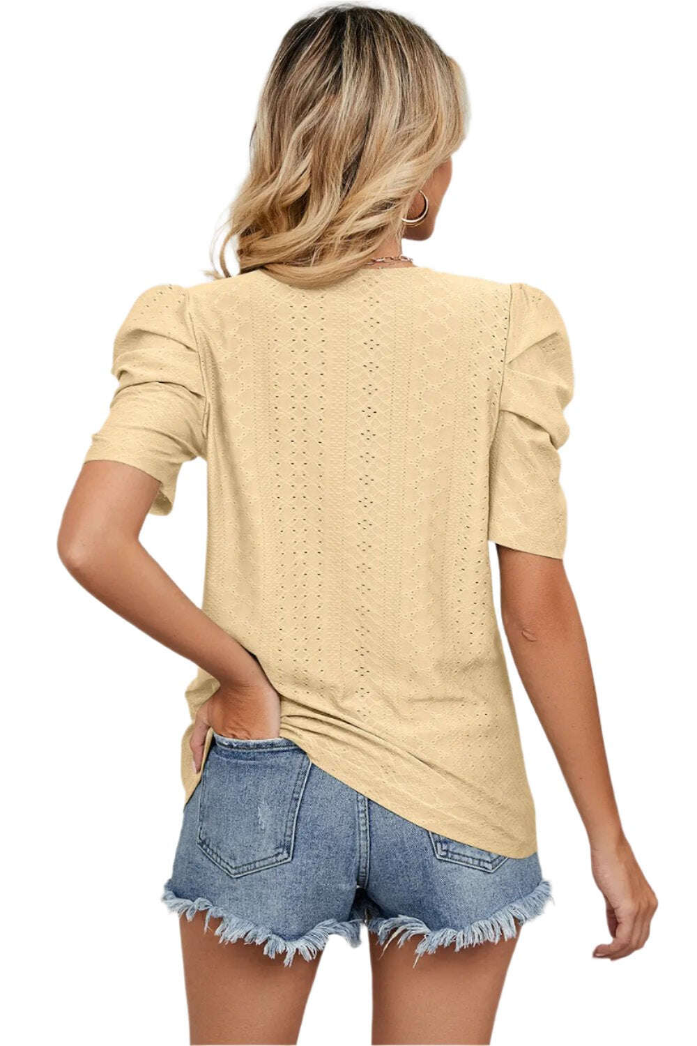 Women Top, Eyelet Round Neck Puff Sleeve T-Shirt, women tops sewing patterns, Gift for her - MaribelaShop2
