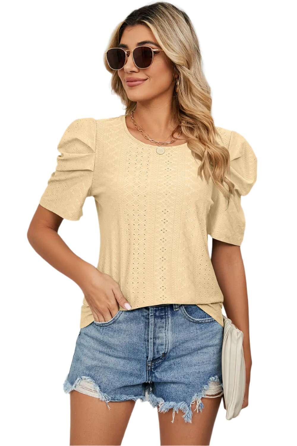 Women Top, Eyelet Round Neck Puff Sleeve T-Shirt, women tops sewing patterns, Gift for her - MaribelaShop2